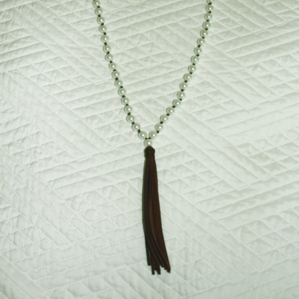 Pearl/leather tassle necklace